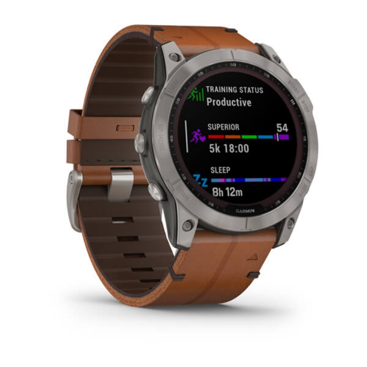 Garmin Fenix 7X,Saph,Bare Ti w/Leather Band,GPS Watch